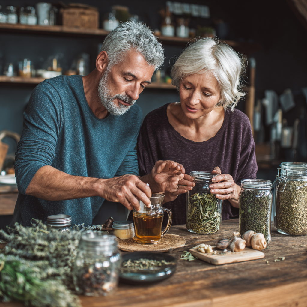 Middle-aged adults preparing natural herbal tea for heart health