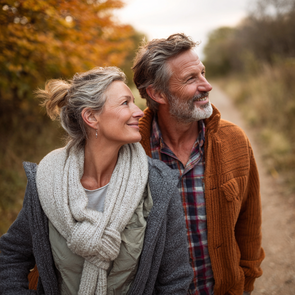 Middle-aged couple enjoying a peaceful walk in nature for cardiovascular health