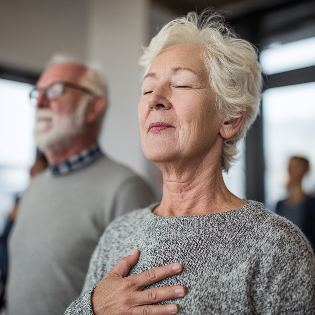 Older adults practicing gentle breathing exercises for blood pressure management